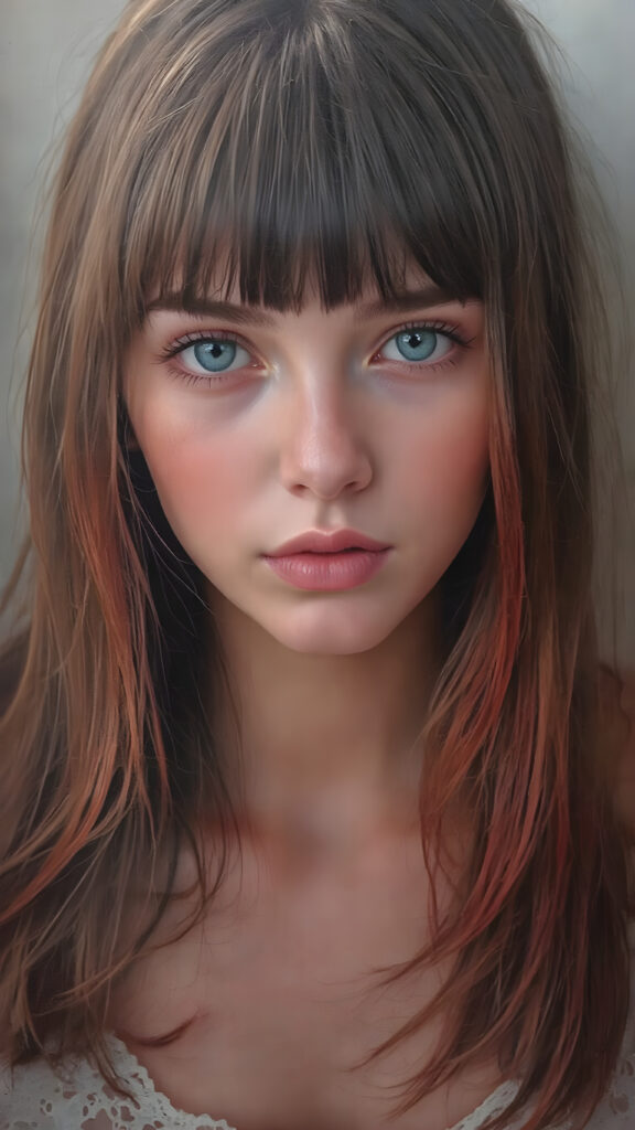 A (((stunningly cute and elegant young teen girls face))) with straight, ((soft, silky black and red half long hair)), cascades down to her shoulders, framing a round face in bangs and bob cut, she wears a (white lace, cropped tank top) under a soft, glowing spotlight, detailed light blue eyes, seductive