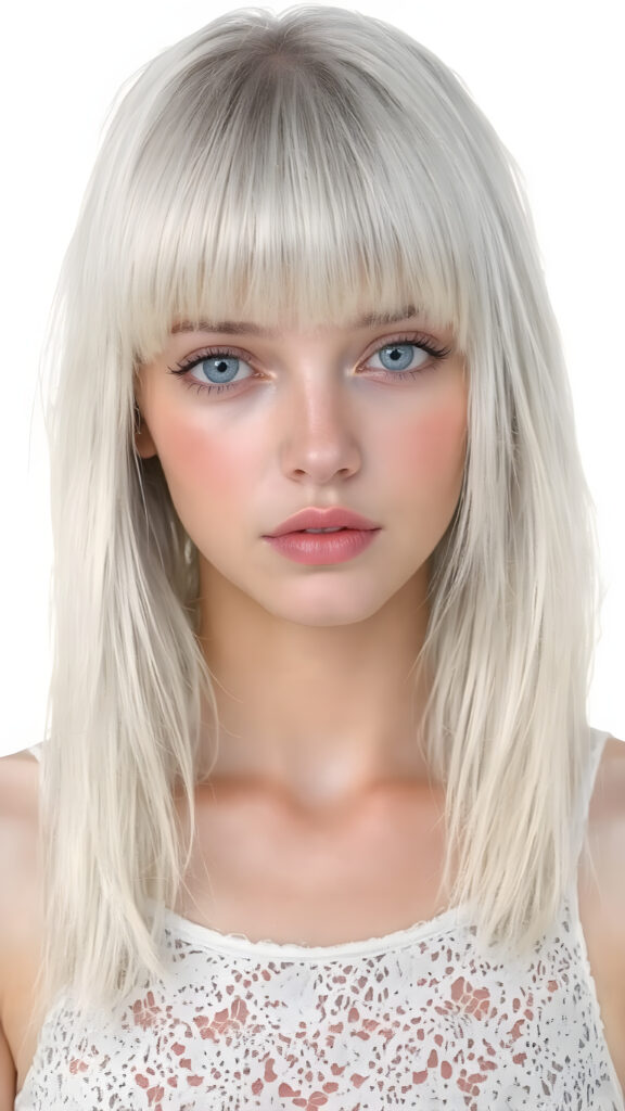 A (((stunningly cute and elegant young teen girl))) with straight, ((soft, silky white hair)), cascades down to her shoulders, framing a round face in bangs and bob cut, she wears a (white lace, cropped tank top) under a soft, glowing spotlight, detailed light blue eyes, seductive