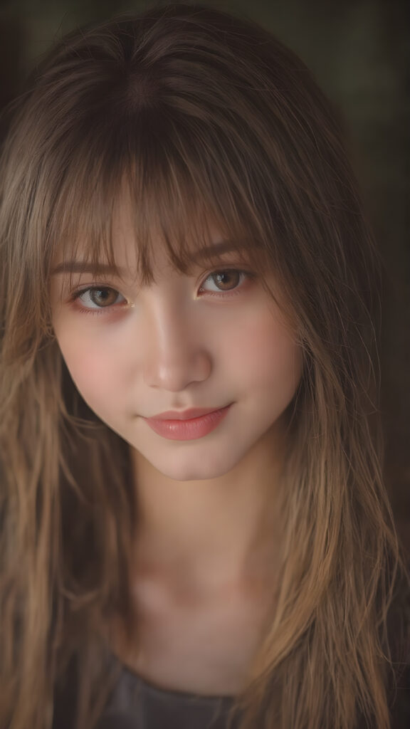 A (((stunningly gorgeous a (((professional photograph))) with intricate details and vibrant colors that capture the essence of a young teen girl with (a fair complexion) and (long, auburn hair) in a (Korean Style bangs), showcasing highly detailed skin texture, warm smile, and inviting eyes. The image exudes high resolution and ultra fine detail, reflective of the advanced technology and professional techniques used to capture this breathtaking masterpiece. The lighting is soft and dim, enhancing the shadows and creating a serene atmosphere, perfect for the teen girl's serene expression