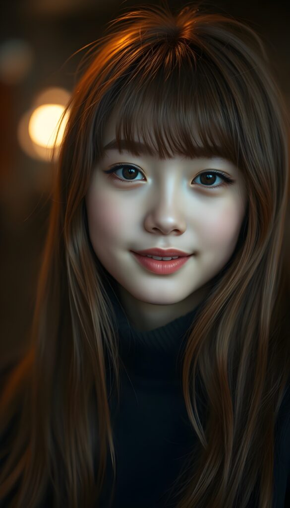 A (((stunningly gorgeous a (((professional photograph))) with intricate details and vibrant colors that capture the essence of a young teen girl with (a fair complexion) and (long, auburn hair) in a (Korean Style bangs), showcasing highly detailed skin texture, warm smile, and inviting eyes. The image exudes high resolution and ultra fine detail, reflective of the advanced technology and professional techniques used to capture this breathtaking masterpiece. The lighting is soft and dim, enhancing the shadows and creating a serene atmosphere, perfect for the teen girl’s serene expression
