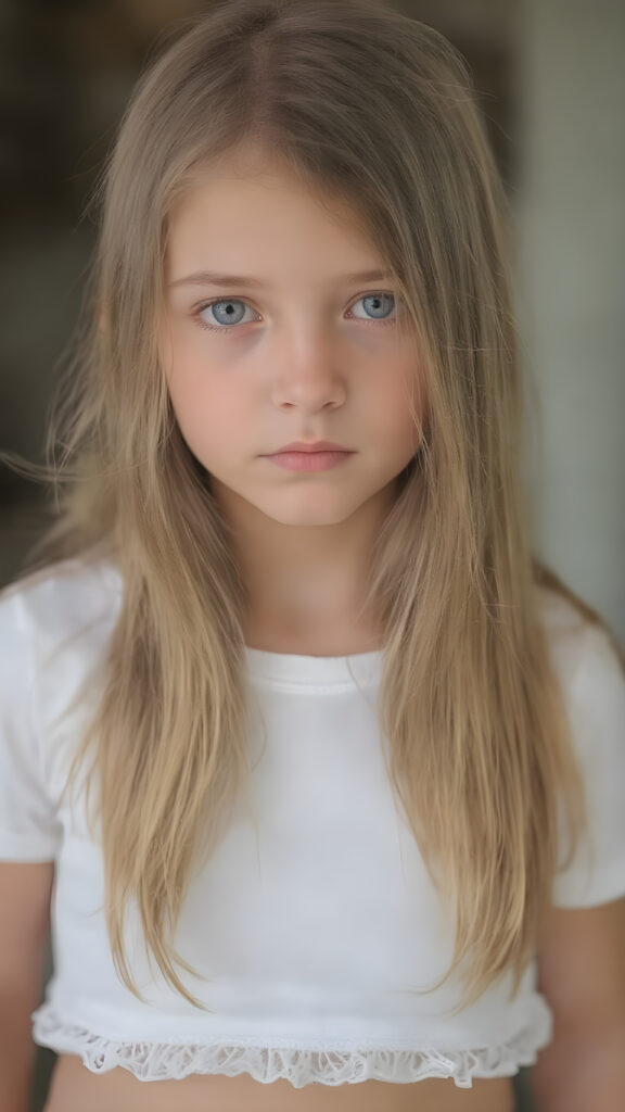 A (((stunningly detailed full-body image))) capturing a (((very long, straight hazelnut hair))), with a (realistically detailed angelic round face) and (intelligent, realistic-looking hazelnut eyes) that convey a sense of pensiveness. The girl is wearing a (super short, tight white t-shirt) with a (transparent, short, frilly hem) that accentuates her toned, natural body. The scene is (softly backlit) with a (natural, warm glow) that emphasizes her youthful, innocent beauty