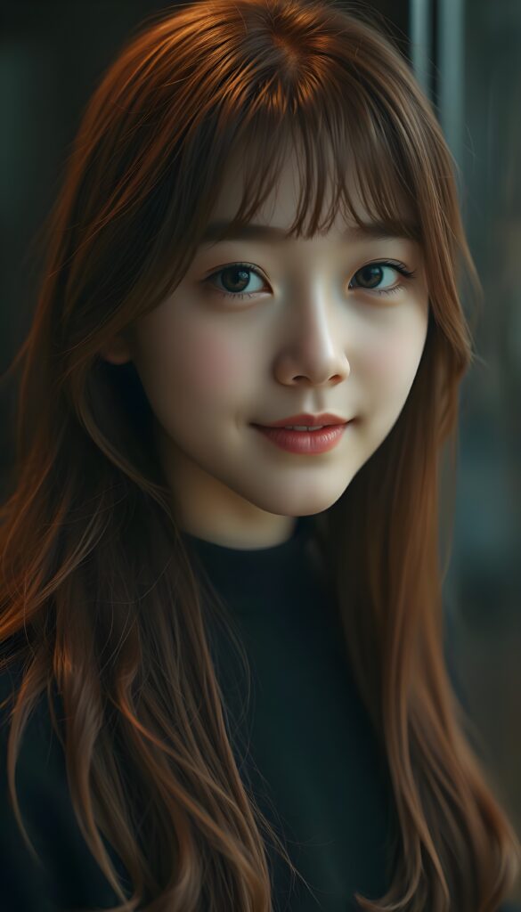 A (((stunningly gorgeous a (((professional photograph))) with intricate details and vibrant colors that capture the essence of a young teen girl with (a fair complexion) and (long, auburn hair) in a (Korean Style bangs), showcasing highly detailed skin texture, warm smile, and inviting eyes. The image exudes high resolution and ultra fine detail, reflective of the advanced technology and professional techniques used to capture this breathtaking masterpiece. The lighting is soft and dim, enhancing the shadows and creating a serene atmosphere, perfect for the teen girl’s serene expression