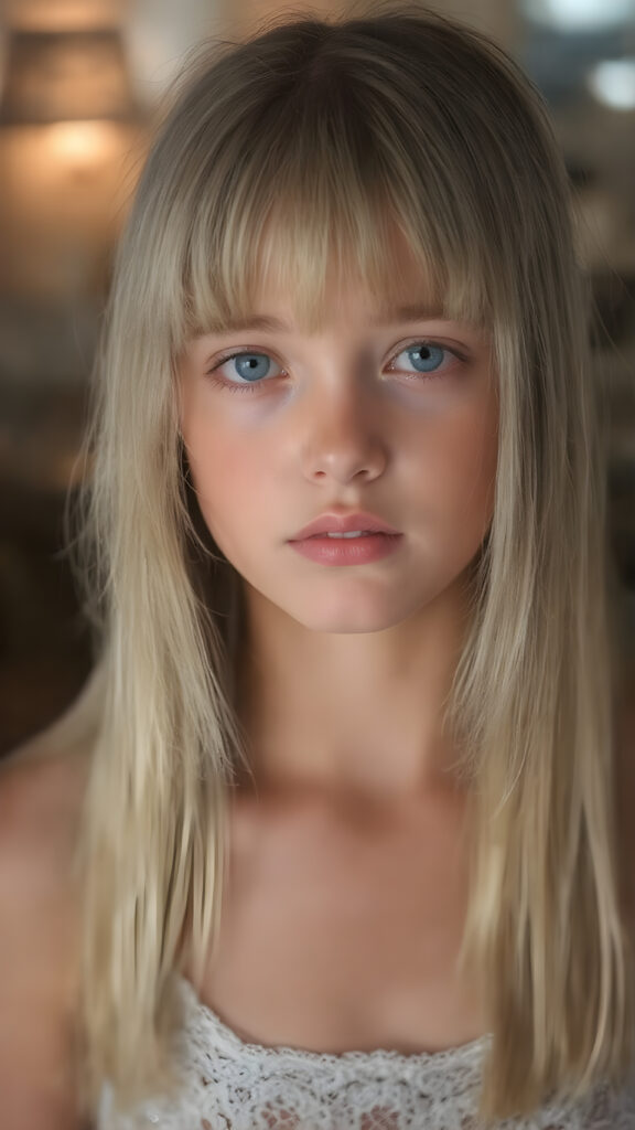 A (((stunningly cute and elegant young teen girl))) with straight, ((long, soft, silky white hair)), cascades down to her shoulders, framing a round face in bangs cut, she wears a (white lace, cropped tank top) under a soft, glowing spotlight