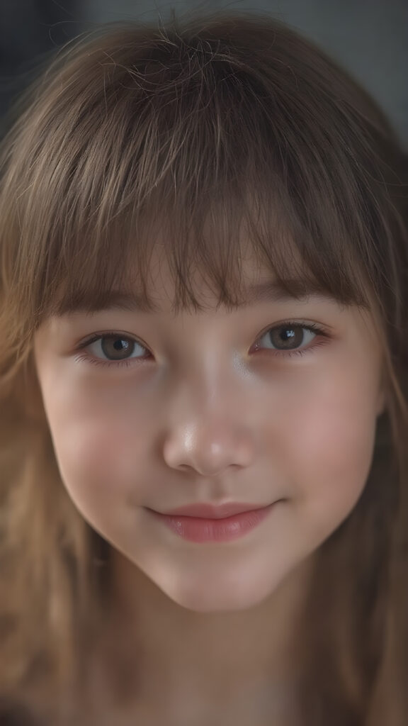 A (((stunningly gorgeous a (((professional photograph))) with intricate details and vibrant colors that capture the essence of a young teen girl with (a fair complexion) and (long, auburn hair) in a (Korean Style bangs), showcasing highly detailed skin texture, warm smile, and inviting eyes. The image exudes high resolution and ultra fine detail, reflective of the advanced technology and professional techniques used to capture this breathtaking masterpiece. The lighting is soft and dim, enhancing the shadows and creating a serene atmosphere, perfect for the teen girl's serene expression