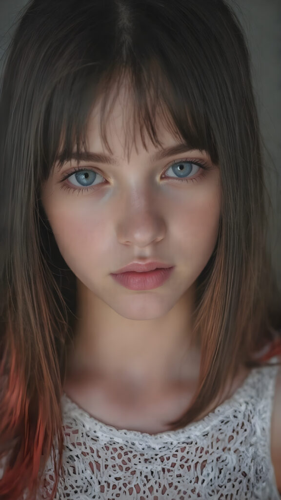 A (((stunningly cute and elegant young teen girls face))) with straight, ((soft, silky black and red half long hair)), cascades down to her shoulders, framing a round face in bangs and bob cut, she wears a (white lace, cropped tank top) under a soft, glowing spotlight, detailed light blue eyes, seductive