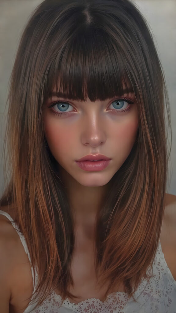 A (((stunningly cute and elegant young teen girls face))) with straight, ((soft, silky black and red half long hair)), cascades down to her shoulders, framing a round face in bangs and bob cut, she wears a (white lace, cropped tank top) under a soft, glowing spotlight, detailed light blue eyes, seductive