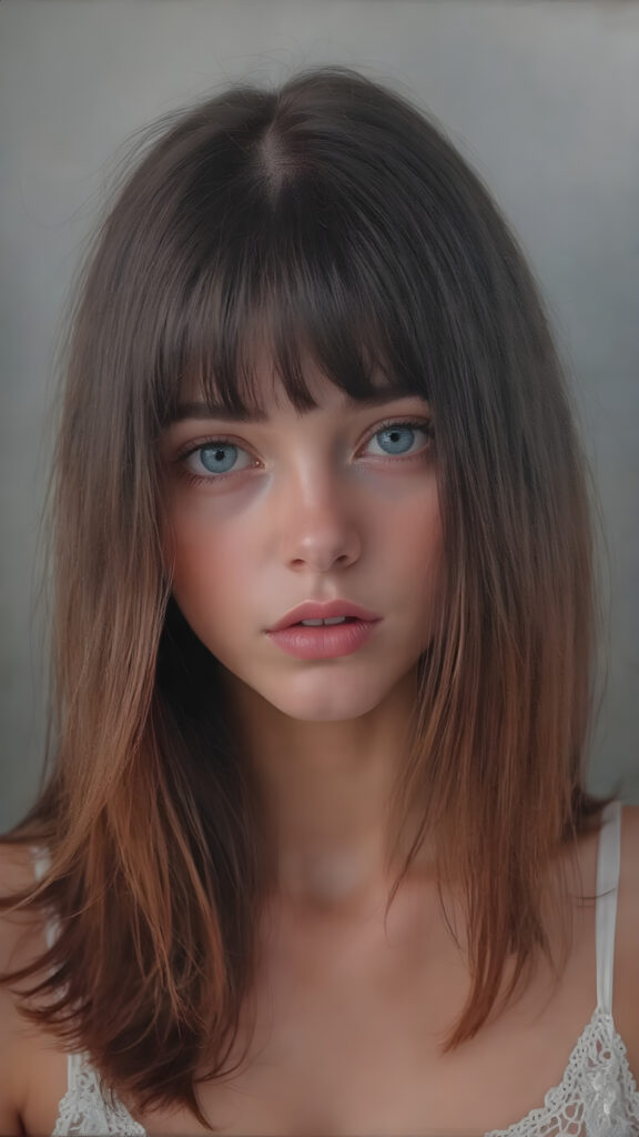A (((stunningly cute and elegant young teen girls face))) with straight, ((soft, silky black and red half long hair)), cascades down to her shoulders, framing a round face in bangs and bob cut, she wears a (white lace, cropped tank top) under a soft, glowing spotlight, detailed light blue eyes, seductive