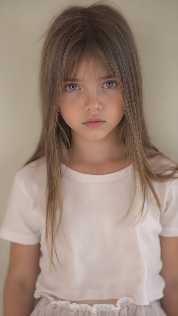A (((stunningly detailed full-body image))) capturing a (((very long, straight hazelnut hair))), with a (realistically detailed angelic round face) and (intelligent, realistic-looking hazelnut eyes) that convey a sense of pensiveness. The girl is wearing a (super short, tight white t-shirt) with a (transparent, short, frilly hem) that accentuates her toned, natural body. The scene is (softly backlit) with a (natural, warm glow) that emphasizes her youthful, innocent beauty