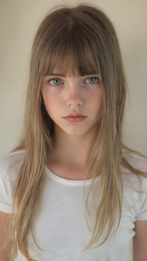 A (((stunningly detailed full-body image))) capturing a (((very long, straight hazelnut hair))), with a (realistically detailed angelic round face) and (intelligent, realistic-looking hazelnut eyes) that convey a sense of pensiveness. The girl is wearing a (super short, tight white t-shirt) with a (transparent, short, frilly hem) that accentuates her toned, natural body. The scene is (softly backlit) with a (natural, warm glow) that emphasizes her youthful, innocent beauty
