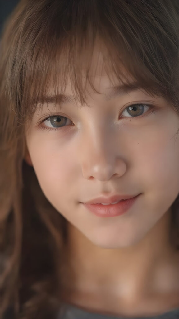 A (((stunningly gorgeous a (((professional photograph))) with intricate details and vibrant colors that capture the essence of a young teen girl with (a fair complexion) and (long, auburn hair) in a (Korean Style bangs), showcasing highly detailed skin texture, warm smile, and inviting eyes. The image exudes high resolution and ultra fine detail, reflective of the advanced technology and professional techniques used to capture this breathtaking masterpiece. The lighting is soft and dim, enhancing the shadows and creating a serene atmosphere, perfect for the teen girl's serene expression