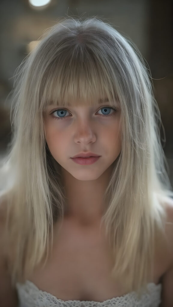 A (((stunningly cute and elegant young teen girl))) with straight, ((long, soft, silky white hair)), cascades down to her shoulders, framing a round face in bangs cut, she wears a (white lace, cropped tank top) under a soft, glowing spotlight