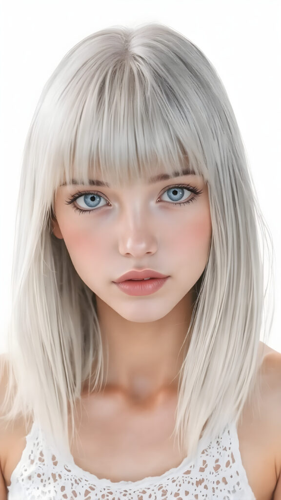A (((stunningly cute and elegant young teen girl))) with straight, ((soft, silky white hair)), cascades down to her shoulders, framing a round face in bangs and bob cut, she wears a (white lace, cropped tank top) under a soft, glowing spotlight, detailed light blue eyes, seductive