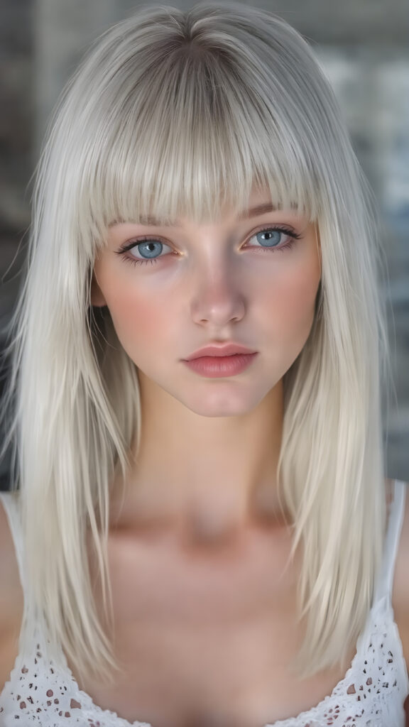 A (((stunningly cute and elegant young teen girl))) with straight, ((soft, silky white hair)), cascades down to her shoulders, framing a round face in bangs and bob cut, she wears a (white lace, cropped tank top) under a soft, glowing spotlight, detailed light blue eyes, seductive