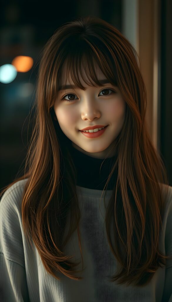 A (((stunningly gorgeous a (((professional photograph))) with intricate details and vibrant colors that capture the essence of a young teen girl with (a fair complexion) and (long, auburn hair) in a (Korean Style bangs), showcasing highly detailed skin texture, warm smile, and inviting eyes. The image exudes high resolution and ultra fine detail, reflective of the advanced technology and professional techniques used to capture this breathtaking masterpiece. The lighting is soft and dim, enhancing the shadows and creating a serene atmosphere, perfect for the teen girl’s serene expression