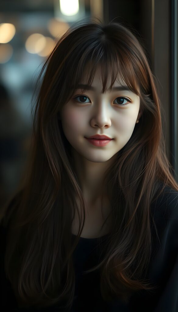 A (((stunningly gorgeous a (((professional photograph))) with intricate details and vibrant colors that capture the essence of a young teen girl with (a fair complexion) and (long, auburn hair) in a (Korean Style bangs), showcasing highly detailed skin texture, warm smile, and inviting eyes. The image exudes high resolution and ultra fine detail, reflective of the advanced technology and professional techniques used to capture this breathtaking masterpiece. The lighting is soft and dim, enhancing the shadows and creating a serene atmosphere, perfect for the teen girl’s serene expression