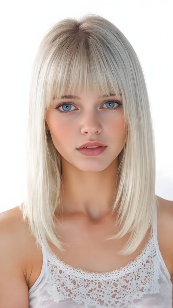 A (((stunningly cute and elegant young teen girl))) with straight, ((soft, silky white hair)), cascades down to her shoulders, framing a round face in bangs and bob cut, she wears a (white lace, cropped tank top) under a soft, glowing spotlight, detailed light blue eyes, seductive