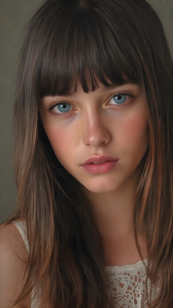 A (((stunningly cute and elegant young teen girls face))) with straight, ((soft, silky black and red half long hair)), cascades down to her shoulders, framing a round face in bangs and bob cut, she wears a (white lace, cropped tank top) under a soft, glowing spotlight, detailed light blue eyes, seductive