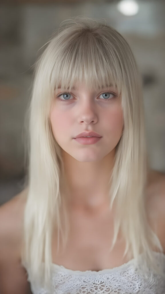 A (((stunningly cute and elegant young teen girl))) with straight, ((long, soft, silky white hair)), cascades down to her shoulders, framing a round face in bangs cut, she wears a (white lace, cropped tank top) under a soft, glowing spotlight