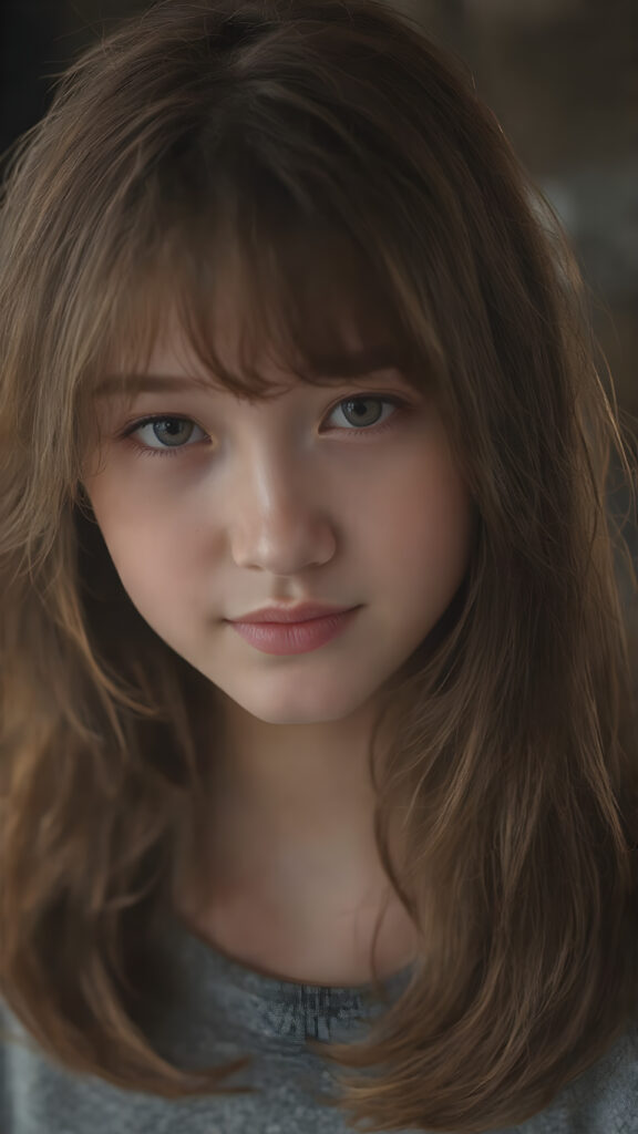 A (((stunningly gorgeous a (((professional photograph))) with intricate details and vibrant colors that capture the essence of a young teen girl with (a fair complexion) and (long, auburn hair) in a (Korean Style bangs), showcasing highly detailed skin texture, warm smile, and inviting eyes. The image exudes high resolution and ultra fine detail, reflective of the advanced technology and professional techniques used to capture this breathtaking masterpiece. The lighting is soft and dim, enhancing the shadows and creating a serene atmosphere, perfect for the teen girl's serene expression