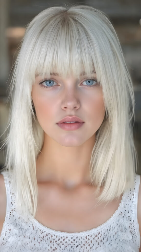 A (((stunningly cute and elegant young teen girl))) with straight, ((soft, silky white hair)), cascades down to her shoulders, framing a round face in bangs and bob cut, she wears a (white lace, cropped tank top) under a soft, glowing spotlight, detailed light blue eyes, seductive