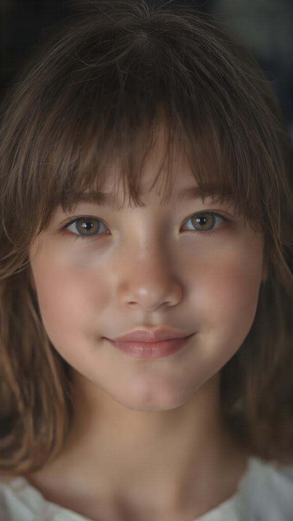 A (((stunningly gorgeous a (((professional photograph))) with intricate details and vibrant colors that capture the essence of a young teen girl with (a fair complexion) and (long, auburn hair) in a (Korean Style bangs), showcasing highly detailed skin texture, warm smile, and inviting eyes. The image exudes high resolution and ultra fine detail, reflective of the advanced technology and professional techniques used to capture this breathtaking masterpiece. The lighting is soft and dim, enhancing the shadows and creating a serene atmosphere, perfect for the teen girl's serene expression