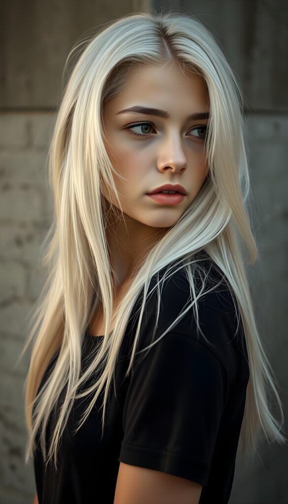 A stunningly beautiful teenager with long, silky platinum white hair with brown highlights, a round face, and deep amber eyes, stands against a grey concrete backdrop, her expression reflecting sadness. Her lips are full and red, and she wears a black lace t-shirt. She gazes slightly over her shoulder, her side profile visible. The scene is lit by soft, warm lighting that casts gentle shadows on the wall.