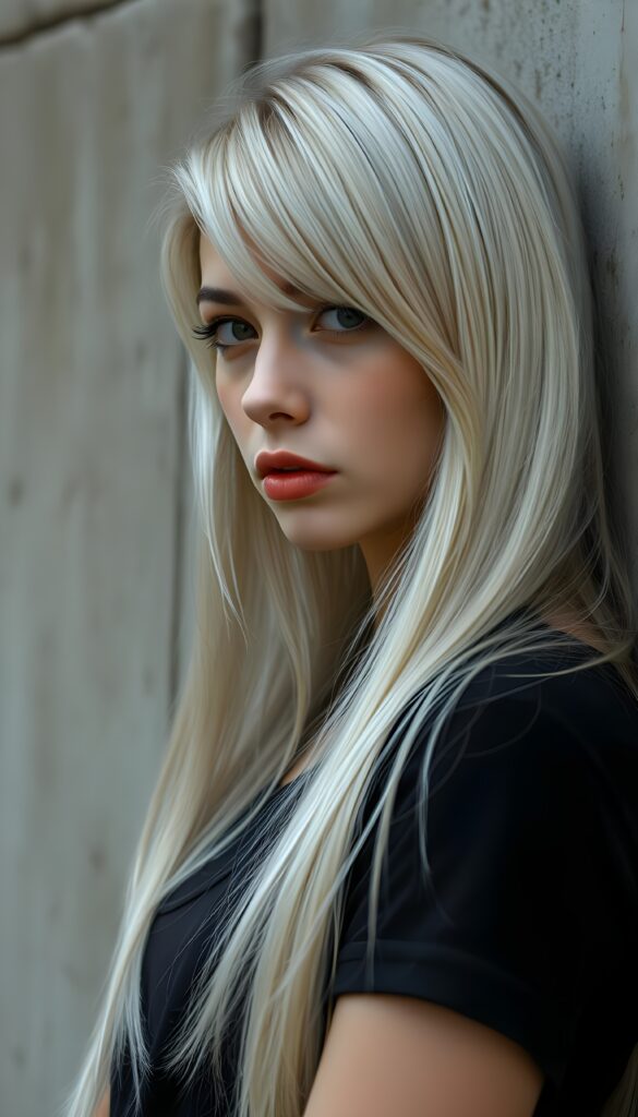 A stunningly beautiful teenager with long, silky platinum white hair with brown highlights, a round face, and deep amber eyes, stands against a grey concrete backdrop, her expression reflecting sadness. Her lips are full and red, and she wears a black lace t-shirt. She gazes slightly over her shoulder, her side profile visible. The scene is lit by soft, warm lighting that casts gentle shadows on the wall.