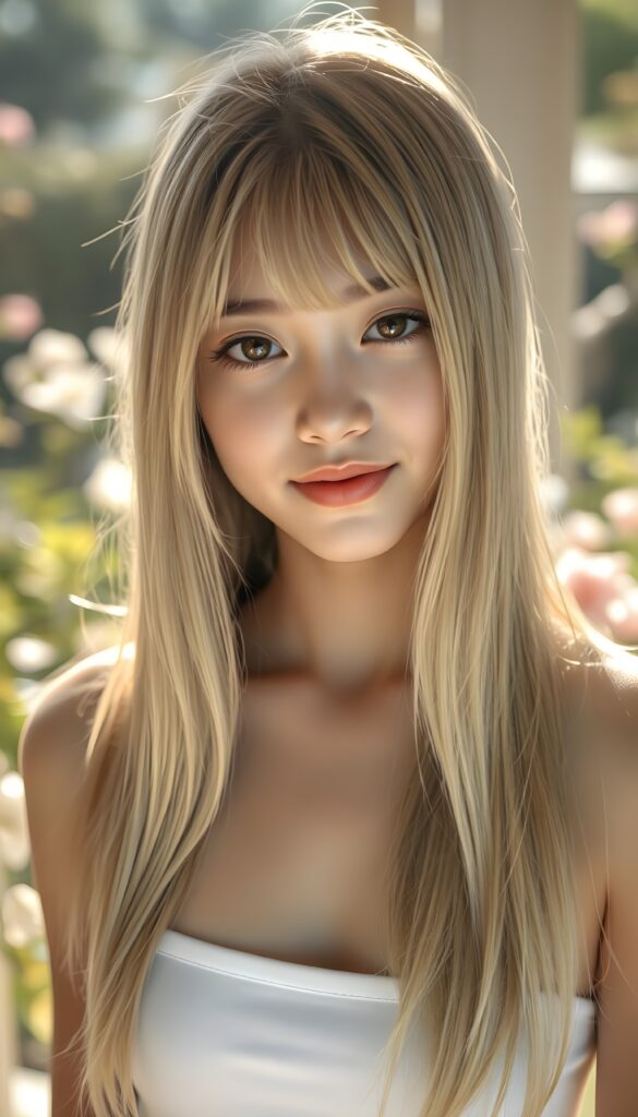 A stunningly beautiful teenage girl with long, silky blonde hair cascading down her shoulders, accentuated by delicate Korean-styled bangs. Her hair has the same length left and right. She is elegantly dressed in a form-fitting white short tank top that highlights her graceful curves. Her piercing eyes and soft smile engage the viewer directly, creating a captivating connection. The scene is bathed in warm, golden sunlight filtering through a window, casting a gentle glow on her flawless skin. The background is a serene, sunlit garden with blooming flowers and lush greenery, adding to the idyllic and picturesque atmosphere. This portrait captures her natural beauty and poise, rendered in vibrant 4K detail.