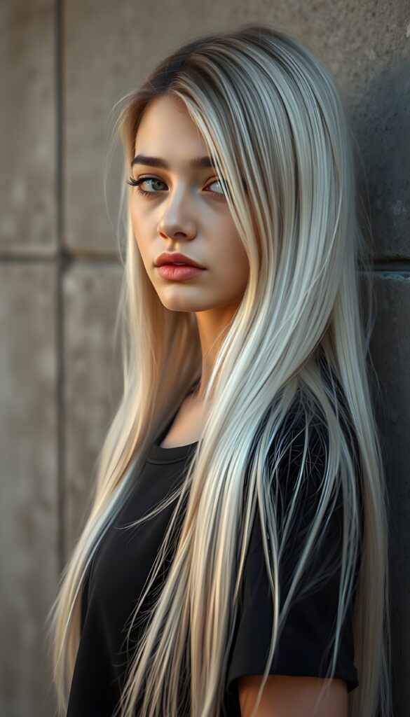 A stunningly beautiful teenager with long, silky platinum white hair with brown highlights, a round face, and deep amber eyes, stands against a grey concrete backdrop, her expression reflecting sadness. Her lips are full and red, and she wears a black lace t-shirt. She gazes slightly over her shoulder, her side profile visible. The scene is lit by soft, warm lighting that casts gentle shadows on the wall.