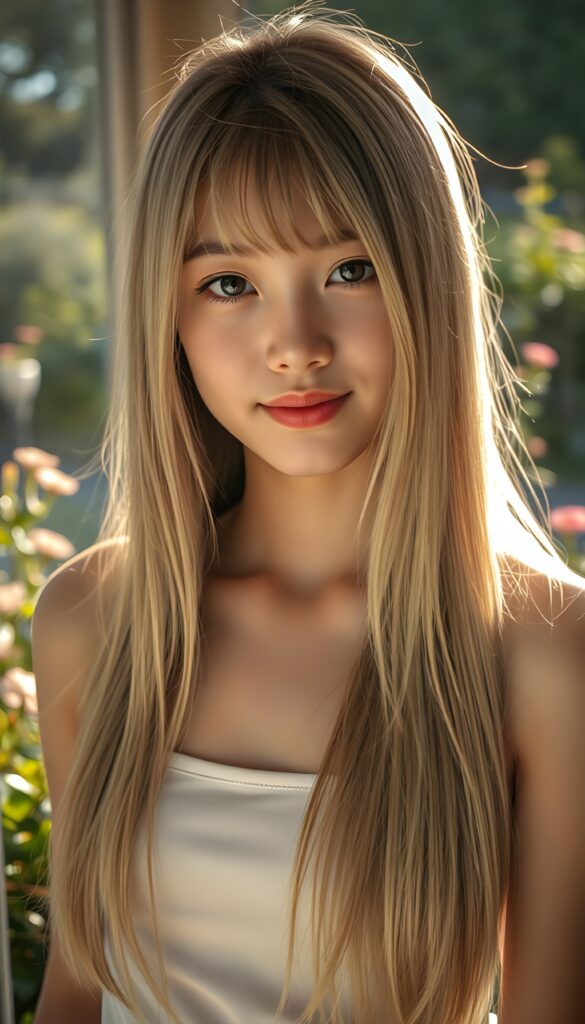 A stunningly beautiful teenage girl with long, silky blonde hair cascading down her shoulders, accentuated by delicate Korean-styled bangs. Her hair has the same length left and right. She is elegantly dressed in a form-fitting white short tank top that highlights her graceful curves. Her piercing eyes and soft smile engage the viewer directly, creating a captivating connection. The scene is bathed in warm, golden sunlight filtering through a window, casting a gentle glow on her flawless skin. The background is a serene, sunlit garden with blooming flowers and lush greenery, adding to the idyllic and picturesque atmosphere. This portrait captures her natural beauty and poise, rendered in vibrant 4K detail.
