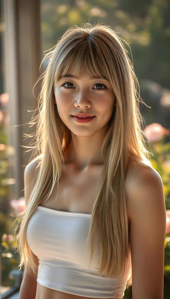 A stunningly beautiful teenage girl with long, silky blonde hair cascading down her shoulders, accentuated by delicate Korean-styled bangs. Her hair has the same length left and right. She is elegantly dressed in a form-fitting white short tank top that highlights her graceful curves. Her piercing eyes and soft smile engage the viewer directly, creating a captivating connection. The scene is bathed in warm, golden sunlight filtering through a window, casting a gentle glow on her flawless skin. The background is a serene, sunlit garden with blooming flowers and lush greenery, adding to the idyllic and picturesque atmosphere. This portrait captures her natural beauty and poise, rendered in vibrant 4K detail.