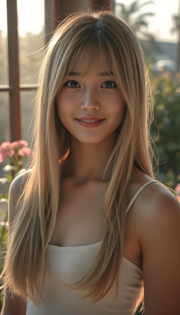 A stunningly beautiful teenage girl with long, silky blonde hair cascading down her shoulders, accentuated by delicate Korean-styled bangs. Her hair has the same length left and right. She is elegantly dressed in a form-fitting white short tank top that highlights her graceful curves. Her piercing eyes and soft smile engage the viewer directly, creating a captivating connection. The scene is bathed in warm, golden sunlight filtering through a window, casting a gentle glow on her flawless skin. The background is a serene, sunlit garden with blooming flowers and lush greenery, adding to the idyllic and picturesque atmosphere. This portrait captures her natural beauty and poise, rendered in vibrant 4K detail.