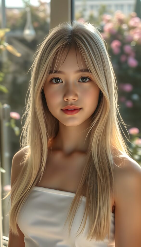 A stunningly beautiful teenage girl with long, silky blonde hair cascading down her shoulders, accentuated by delicate Korean-styled bangs. Her hair has the same length left and right. She is elegantly dressed in a form-fitting white short tank top that highlights her graceful curves. Her piercing eyes and soft smile engage the viewer directly, creating a captivating connection. The scene is bathed in warm, golden sunlight filtering through a window, casting a gentle glow on her flawless skin. The background is a serene, sunlit garden with blooming flowers and lush greenery, adding to the idyllic and picturesque atmosphere. This portrait captures her natural beauty and poise, rendered in vibrant 4K detail.