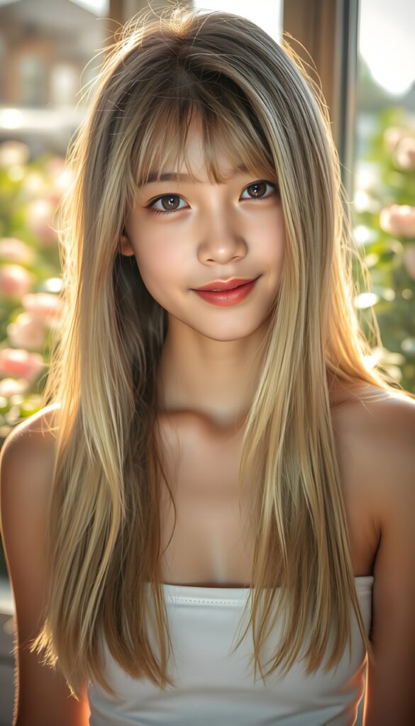 A stunningly beautiful teenage girl with long, silky blonde hair cascading down her shoulders, accentuated by delicate Korean-styled bangs. Her hair has the same length left and right. She is elegantly dressed in a form-fitting white short tank top that highlights her graceful curves. Her piercing eyes and soft smile engage the viewer directly, creating a captivating connection. The scene is bathed in warm, golden sunlight filtering through a window, casting a gentle glow on her flawless skin. The background is a serene, sunlit garden with blooming flowers and lush greenery, adding to the idyllic and picturesque atmosphere. This portrait captures her natural beauty and poise, rendered in vibrant 4K detail.