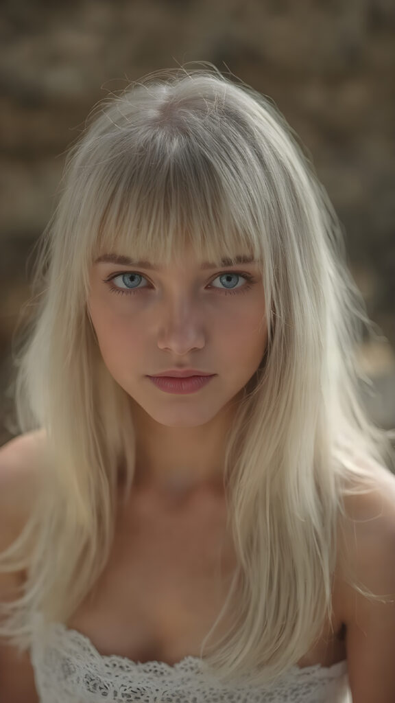 A (((stunningly cute and elegant young teen girl))) with straight, ((long, soft, silky white hair)), cascades down to her shoulders, framing a round face in bangs cut, she wears a (white lace, cropped tank top) under a soft, glowing spotlight