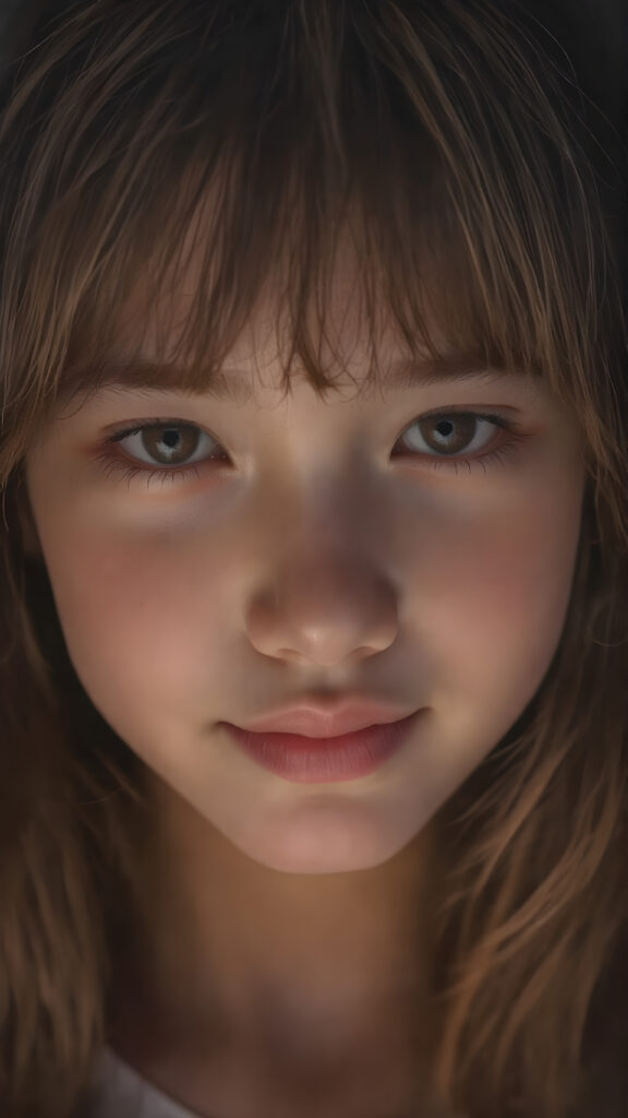 A (((stunningly gorgeous a (((professional photograph))) with intricate details and vibrant colors that capture the essence of a young teen girl with (a fair complexion) and (long, auburn hair) in a (Korean Style bangs), showcasing highly detailed skin texture, warm smile, and inviting eyes. The image exudes high resolution and ultra fine detail, reflective of the advanced technology and professional techniques used to capture this breathtaking masterpiece. The lighting is soft and dim, enhancing the shadows and creating a serene atmosphere, perfect for the teen girl's serene expression