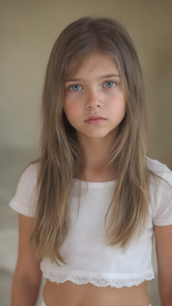 A (((stunningly detailed full-body image))) capturing a (((very long, straight hazelnut hair))), with a (realistically detailed angelic round face) and (intelligent, realistic-looking hazelnut eyes) that convey a sense of pensiveness. The girl is wearing a (super short, tight white t-shirt) with a (transparent, short, frilly hem) that accentuates her toned, natural body. The scene is (softly backlit) with a (natural, warm glow) that emphasizes her youthful, innocent beauty