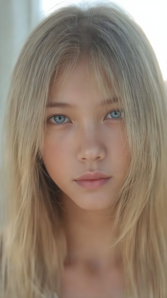 A stunningly detailed (((full body view))) (((airbrush masterpiece))), featuring a young Asian girl with luxurious, ((straight blonde hair)) and (pale skin) that exudes an ethereal glow. Her eyes are a mesmerizing shade of blue, (the color of the sky on a clear day), captivating and inviting. The scene is set against a soft, natural light that casts a warm, golden glow, highlighting the cool tones of the background and creating a cozy, dreamy atmosphere.