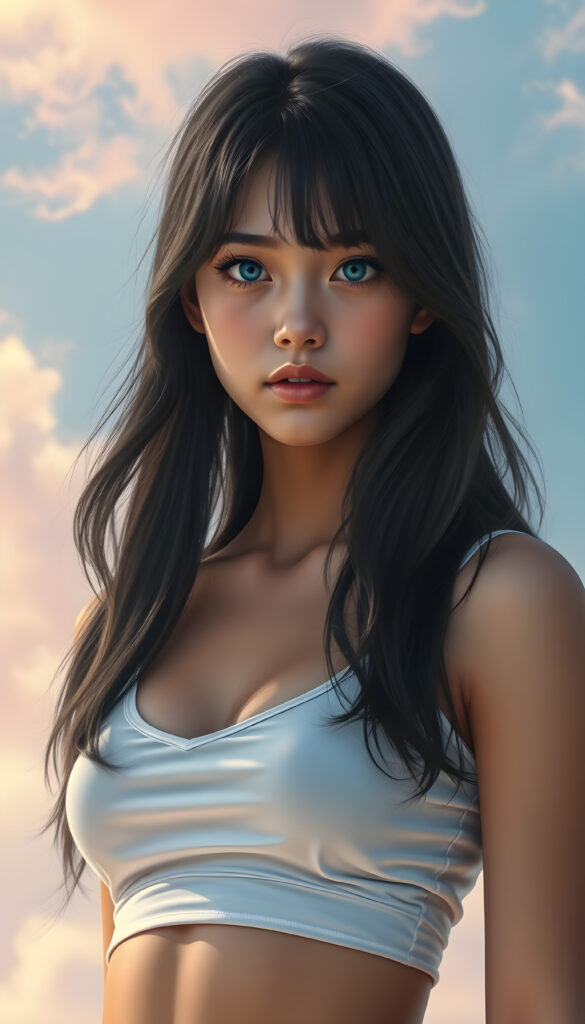 A stunningly detailed and vibrant illustration of a confident 18-year-old girl with flawless smooth skin, wearing a short white cotton top with a plunging neckline. Her luxurious, slightly wavy black hair cascades gracefully over her shoulders left an right the same length. Her bright, natural blue eyes gaze directly at the viewer, embodying a sense of self-assurance. The background is a dreamy, pastel-hued sky with soft, wispy clouds, enhancing the serene and ethereal atmosphere. The lighting is soft and natural, casting gentle highlights and shadows that accentuate her features and the texture of her hair. The composition is dynamic, with the girl standing confidently, her body slightly angled, creating a sense of depth and movement in the scene.