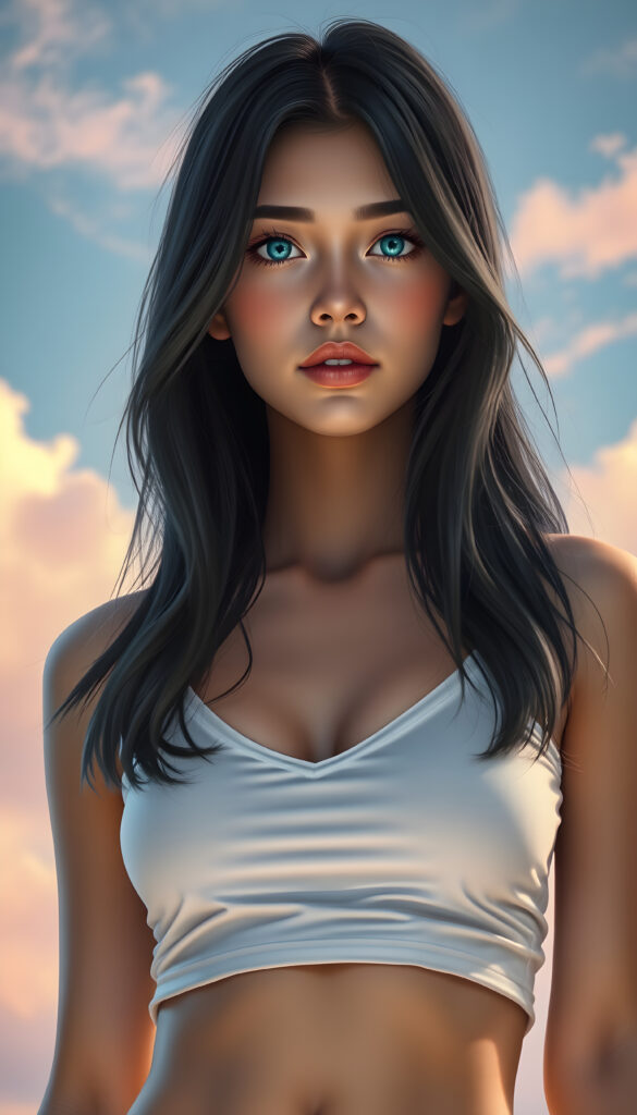 A stunningly detailed and vibrant illustration of a confident 18-year-old girl with flawless smooth skin, wearing a short white cotton top with a plunging neckline. Her luxurious, slightly wavy black hair cascades gracefully over her shoulders left an right the same length. Her bright, natural blue eyes gaze directly at the viewer, embodying a sense of self-assurance. The background is a dreamy, pastel-hued sky with soft, wispy clouds, enhancing the serene and ethereal atmosphere. The lighting is soft and natural, casting gentle highlights and shadows that accentuate her features and the texture of her hair. The composition is dynamic, with the girl standing confidently, her body slightly angled, creating a sense of depth and movement in the scene.