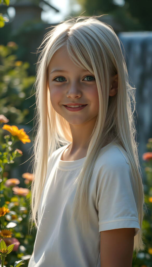 A stunningly detailed and hyperrealistic scene of a young girl with flowing, untamed, straight, silky white blonde hair cascading down her shoulders, framing her round face. She is very happy and friendly. She wears a minimalist white short-sleeve T-shirt, with the fabric softly hugging her petite form. The setting is a serene, sunlit garden, with vibrant flowers blooming around her. Soft, golden light filters through the leaves, casting a warm, ethereal glow over the scene. In the background, a gentle waterfall adds to the tranquil ambiance, enhancing the dreamlike atmosphere. The girl's hair shimmers with a subtle iridescence, catching the light in delicate highlights.