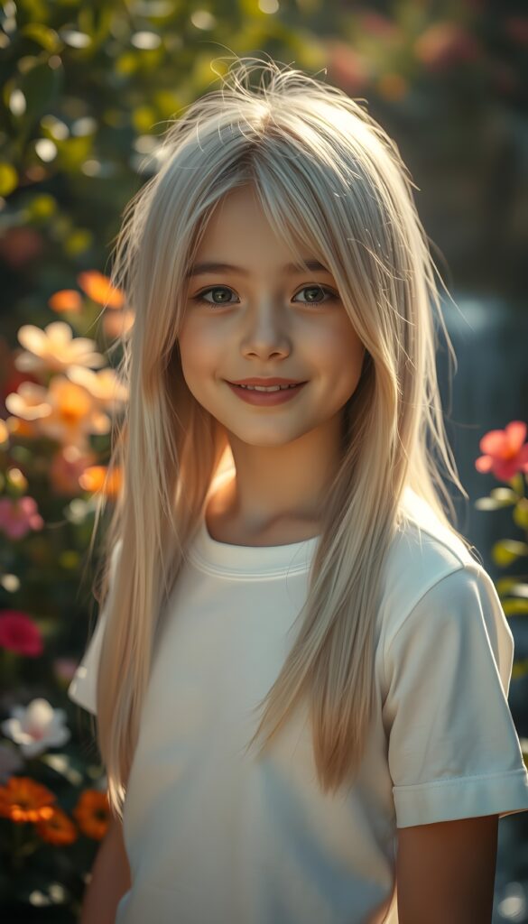 A stunningly detailed and hyper realistic scene of a young girl with beautiful straight, silky white full open and blonde hair with brown highlights cascading down her shoulders, framing her round face in a perfect bangs cut. She is very happy and friendly. She wears a minimalist white short-sleeve T-shirt, with the fabric softly hugging her petite form. The setting is a serene, sunlit garden, with vibrant flowers blooming around her. Soft, golden light filters through the leaves, casting a warm, ethereal glow over the scene. In the background, a gentle waterfall adds to the tranquil ambiance, enhancing the dreamlike atmosphere. The girl's hair shimmers with a subtle iridescence, catching the light in delicate highlights.