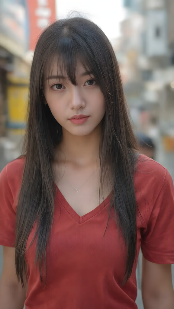 A stunningly detailed (((professional 3D photograph))), capturing a vividly beautiful young Korean girl with extremely long, perfectly straight black hair and bangs that gracefully frames her face. She is wearing a tight, deep v-neck t-shirt that accentuates her toned, natural body. The scene is set at a bustling city street in Korea. She stands confidently, looking into the camera with a serene expression. Her skin is beautifully illuminated by the soft city lights. The advanced prompt signals that the scene should exude a timeless elegance, reminiscent of classic Korean fashion, with a modern twist