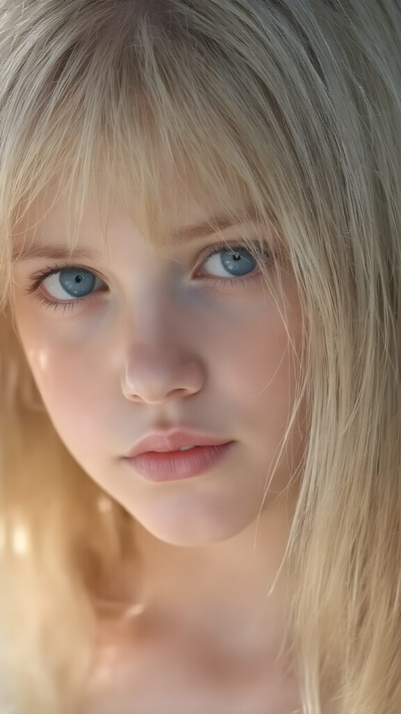 A stunningly detailed (((full body view))) (((airbrush masterpiece))), featuring a young girl with luxurious, ((straight blonde hair)) and (pale skin) that exudes an ethereal glow. Her eyes are a mesmerizing shade of blue, (the color of the sky on a clear day), captivating and inviting. The scene is set against a soft, natural light that casts a warm, golden glow, highlighting the cool tones of the background and creating a cozy, dreamy atmosphere.