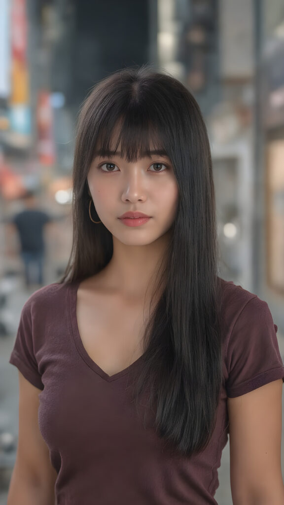 A stunningly detailed (((professional 3D photograph))), capturing a vividly beautiful young Korean girl with extremely long, perfectly straight black hair and bangs that gracefully frames her face. She is wearing a tight, deep v-neck t-shirt that accentuates her toned, natural body. The scene is set at a bustling city street in Korea. She stands confidently, looking into the camera with a serene expression. Her skin is beautifully illuminated by the soft city lights. The advanced prompt signals that the scene should exude a timeless elegance, reminiscent of classic Korean fashion, with a modern twist