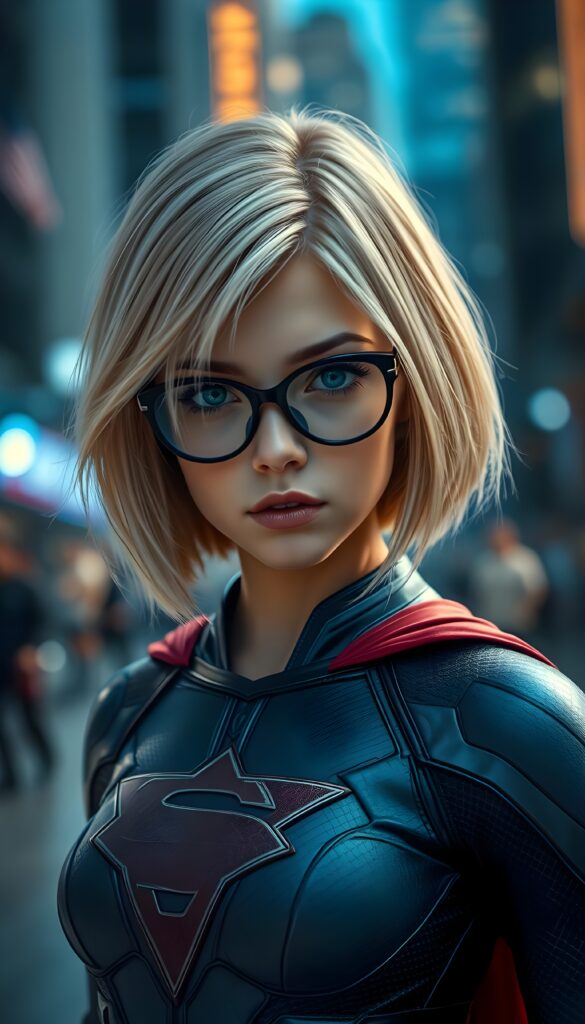 A stunningly detailed (((full angle body shot))), with intricate patterns and detailed textures, capturing a beautifully illustrated (((young supergirl in her classic costume))), her iconic blonde hair is styled in a sleek, high-tech bob with a 4K resolution, framed by a futuristic glasses that reflect the modern aesthetic. The scene is set against a backdrop of hyper-realistic, detailed environments that push the limits of imagination, creating a breathtaking visual symphony that defies the realm of possibility. Modern color grading techniques bring the whole composition to life, elevating this advanced image to the highest standard of artistry and technique, giving the viewer a truly unforgettable visual masterpiece