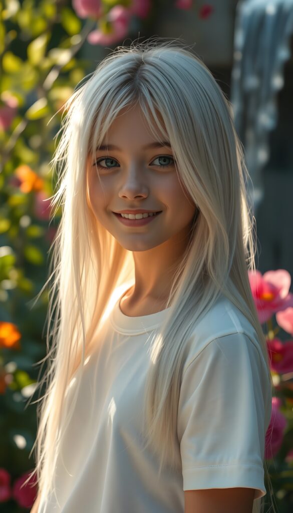 A stunningly detailed and hyper realistic scene of a young girl with beautiful straight, silky white full open and blonde hair with brown highlights cascading down her shoulders, framing her round face in a perfect bangs cut. She is very happy and friendly. She wears a minimalist white short-sleeve T-shirt, with the fabric softly hugging her petite form. The setting is a serene, sunlit garden, with vibrant flowers blooming around her. Soft, golden light filters through the leaves, casting a warm, ethereal glow over the scene. In the background, a gentle waterfall adds to the tranquil ambiance, enhancing the dreamlike atmosphere. The girl's hair shimmers with a subtle iridescence, catching the light in delicate highlights.