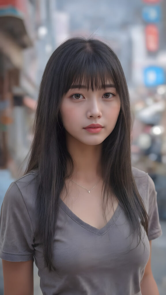 A stunningly detailed (((professional 3D photograph))), capturing a vividly beautiful young Korean girl with extremely long, perfectly straight black hair and bangs that gracefully frames her face. She is wearing a tight, deep v-neck t-shirt that accentuates her toned, natural body. The scene is set at a bustling city street in Korea. She stands confidently, looking into the camera with a serene expression. Her skin is beautifully illuminated by the soft city lights. The advanced prompt signals that the scene should exude a timeless elegance, reminiscent of classic Korean fashion, with a modern twist