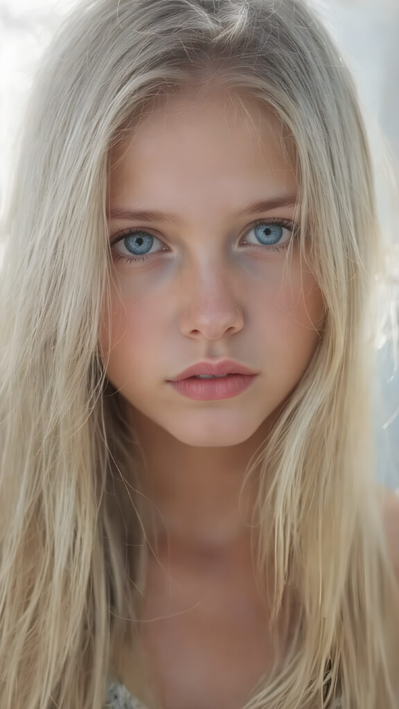 A stunningly detailed (((full body view))) (((airbrush masterpiece))), featuring a young girl with luxurious, ((straight blonde hair)) and (pale skin) that exudes an ethereal glow. Her eyes are a mesmerizing shade of blue, (the color of the sky on a clear day), captivating and inviting. The scene is set against a soft, natural light that casts a warm, golden glow, highlighting the cool tones of the background and creating a cozy, dreamy atmosphere.