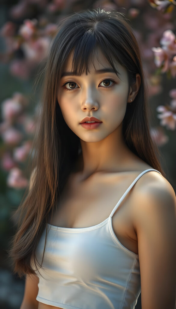 A stunningly detailed, super-realistic image of a cute Asian girl with long, straight hair cascading down her shoulders. She wears a crisp white short tank top, her body curving perfectly in a flattering silhouette. Her large, expressive eyes reflect a hint of melancholy as she gazes directly at the camera, her skin glowing with a soft, warm light that enhances her youthful radiance. The background is a vibrant, softly blurred garden scene with blooming cherry blossoms, creating a serene and enchanting atmosphere. The composition balances her delicate features with the lush, colorful environment, making the image both captivating and emotionally resonant.